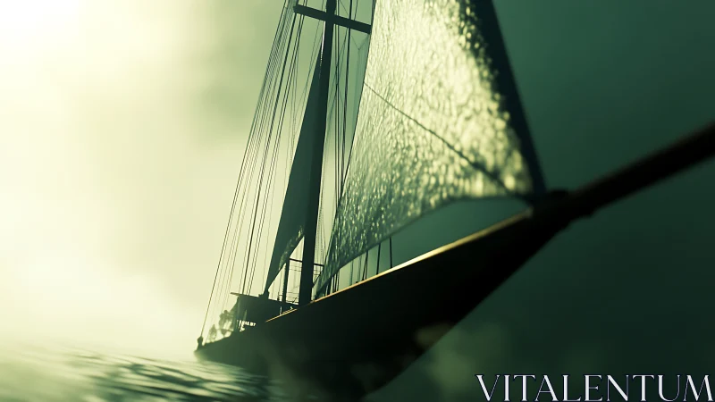 Moody green seascape with backlit sailing yacht silhouette.