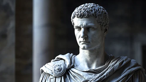 Marble bust of Roman figure in draped garment indoors.