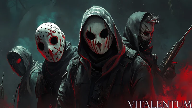 Hooded masked strike team in red accented urban fog