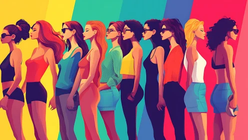 Stylish Women Lined Up in Colorful Pop Art Illustration.