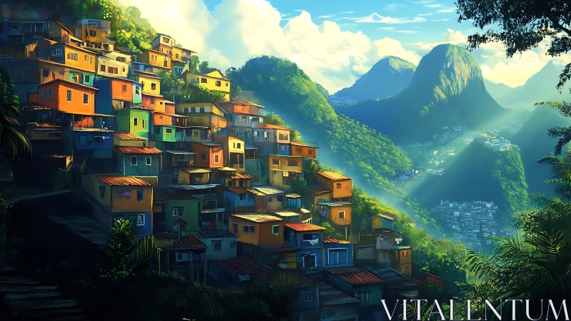 Digital painting of hillside favela with luminous tropical valley.