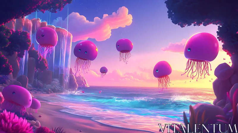 Playful pink jellyfish drift gently above a glowing shore
