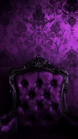Velvet purple throne against ornate damask wall background.