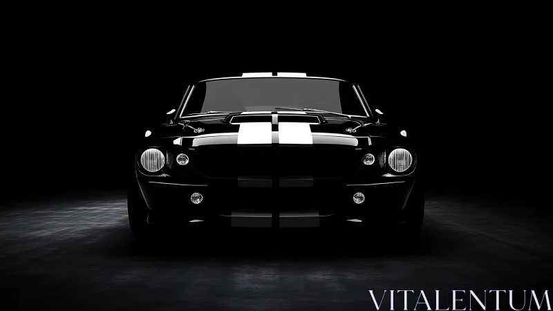 Front view of striped classic sports car in dark studio.