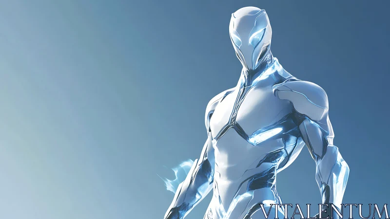 Futuristic chrome humanoid robot stands against blue gradient sky