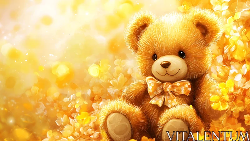 Golden teddy bear nestled in glowing floral ambiance.