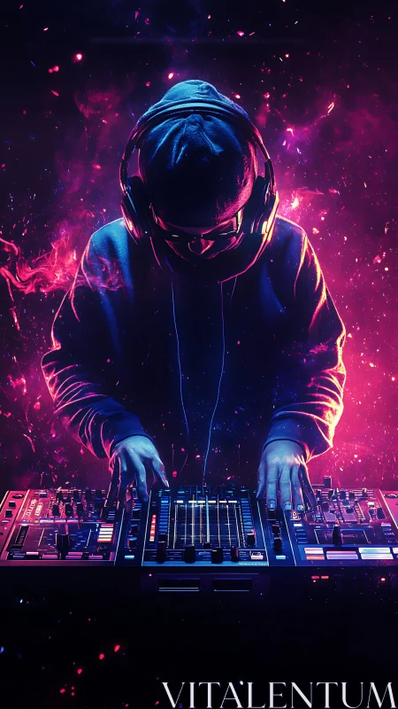 Hooded DJ mixing tracks in neon sci fi club scene.