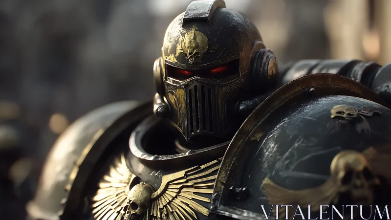 Armored sci fi warrior in black and gold power armor.