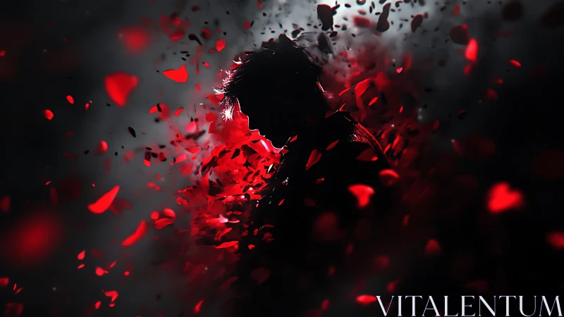 Backlit silhouette immersed in dynamic red petal particle field