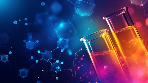 Laboratory glassware with molecular network background.