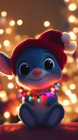 Tiny blue holiday critter glows beneath twinkling lights