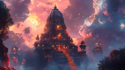Luminescent stepped temple under dramatic nebula-lit sky