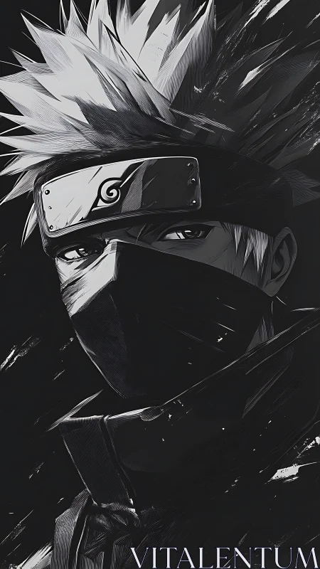 Monochrome masked ninja portrait in dramatic shadowed ink.