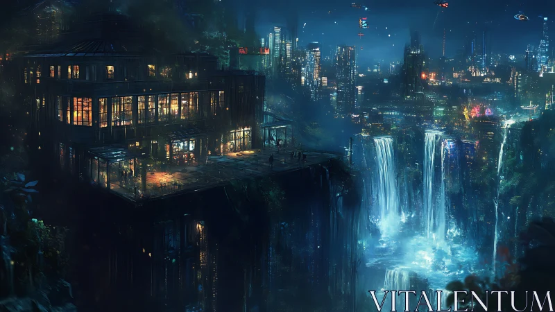 Skyfall terrace over neon canyons and midnight waterfalls.