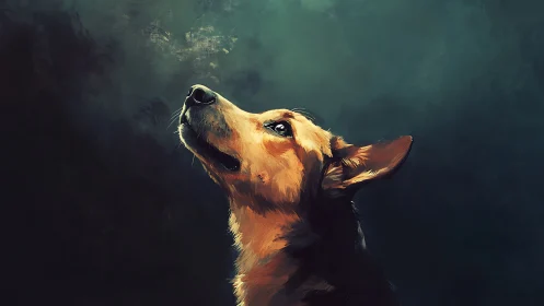 Oblique-lit dog portrait uses chiaroscuro and textured brushwork precisely