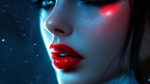 Hyperreal female profile with specular red lips and bicolor rim lighting