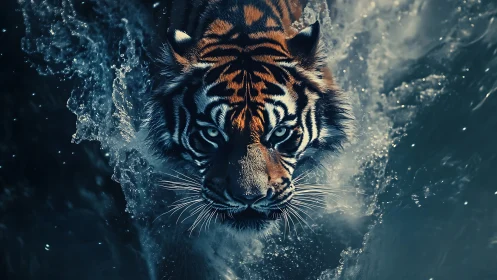Predatory tiger advances through turbulent water in dramatic chiaroscuro