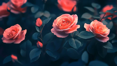 Coral roses with buds rendered against dark teal background