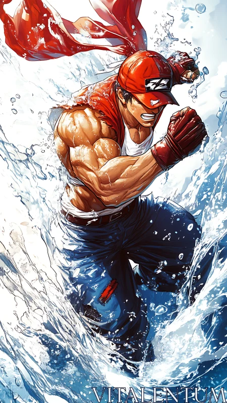 Determined street fighter bursts through crashing waves in red.