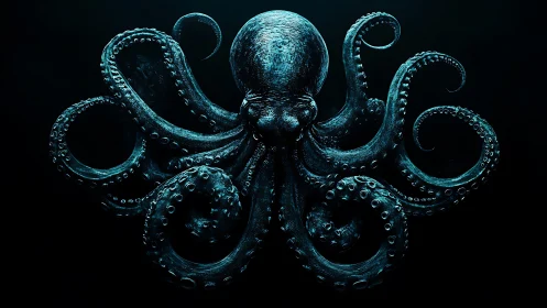 Majestic blue octopus stretches its curling arms in darkness