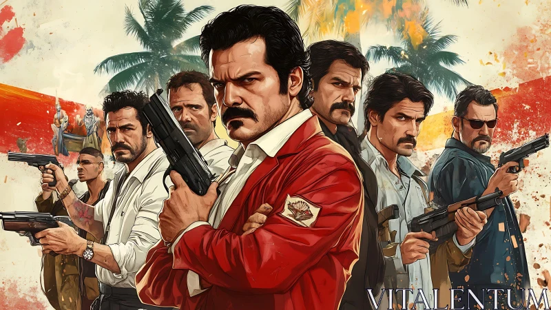 Tough outlaw crew stands united under blazing palm skies.