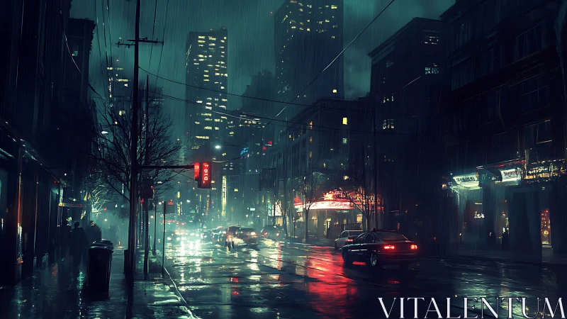 Rainy neon city street with cars and wet reflections.