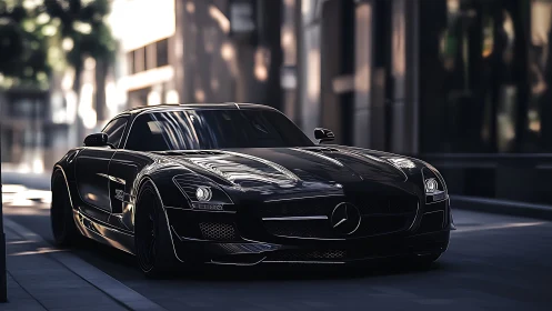 Black supercar glides through moody urban canyon streets.