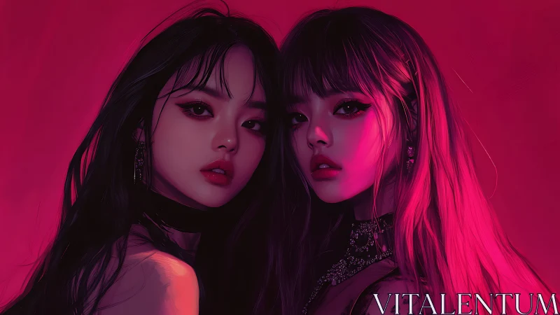 Neon mirror muses in crimson glow, twin gazes burning softly.