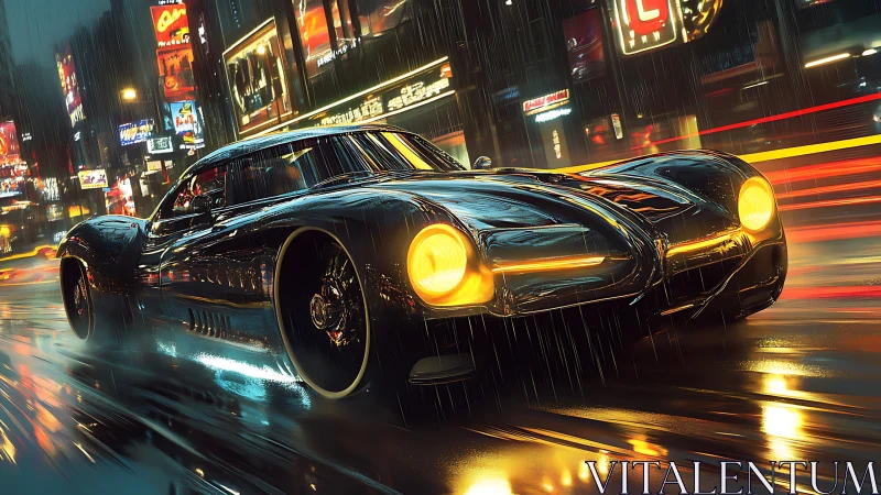 Futuristic muscle car blazes through neon city rainstorm.