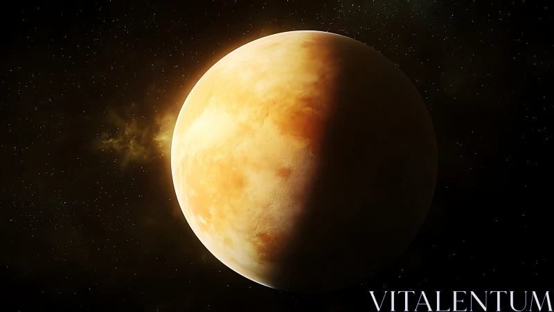 Golden twilight planet drifting quietly through space.