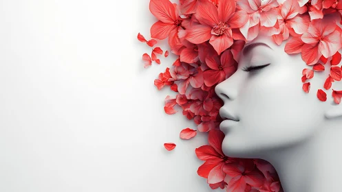 Elegant female profile with vibrant red flowers in surreal art.