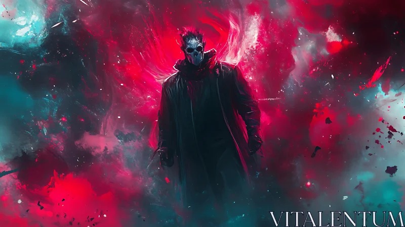 Masked figure stands in chromatic red and teal cloud field