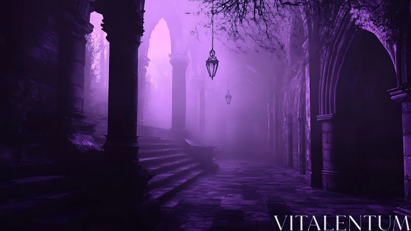 Purple fog over stone arches in deserted cloister.