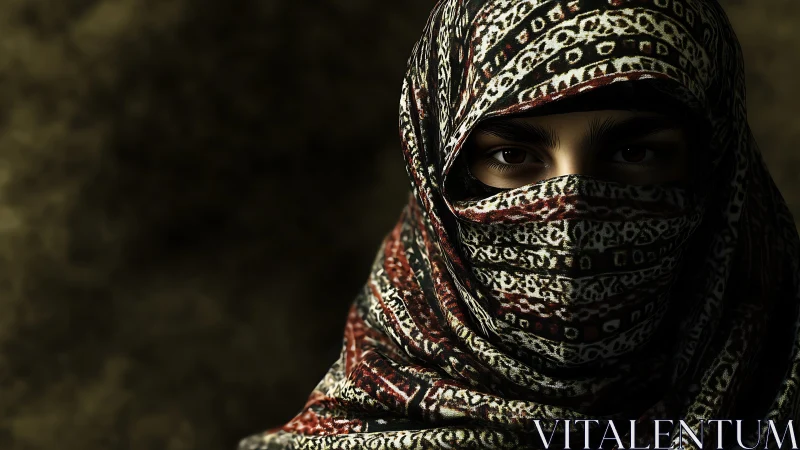 Warm eyes wrapped in patterned scarf invite quiet connection.