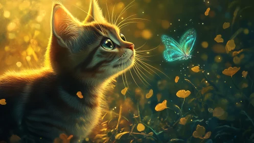 Backlit tabby kitten studies glowing cyan butterfly in bokeh field