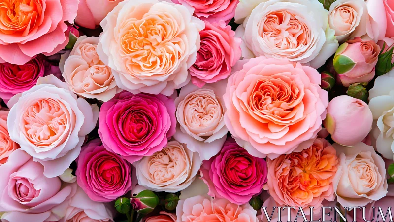 Garden roses in pink, coral and magenta tones