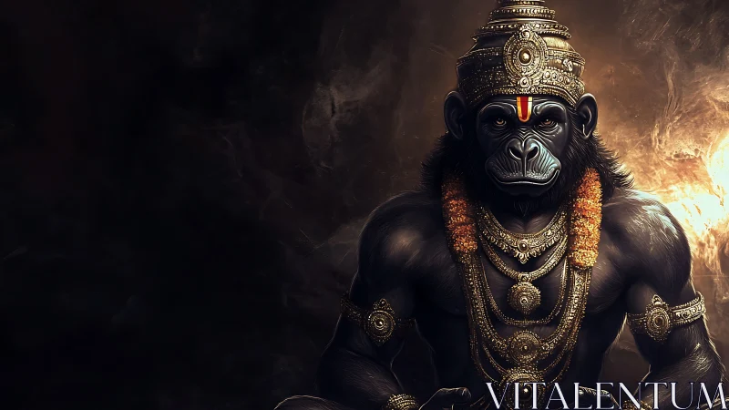 Regal gorilla deity in ornate gold jewelry and garland.