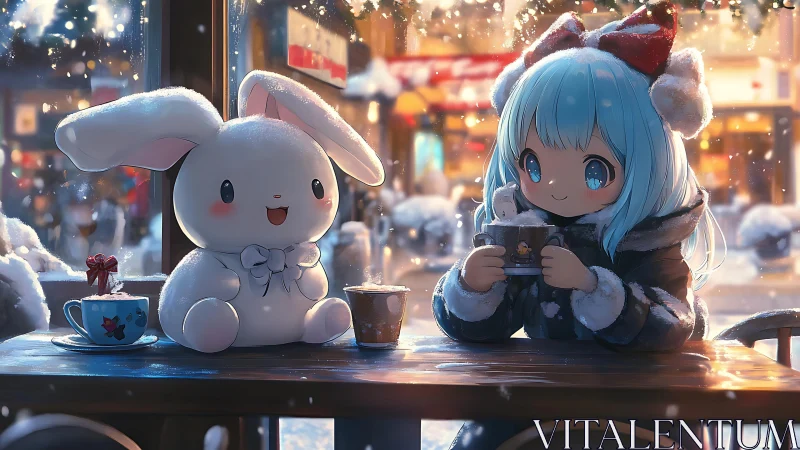 Snowlit café tableau with chibi girl, plush rabbit and layered bokeh