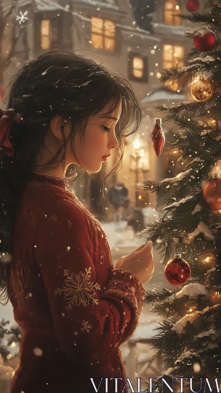 Winter girl in red beside glowing Christmas tree outdoors.