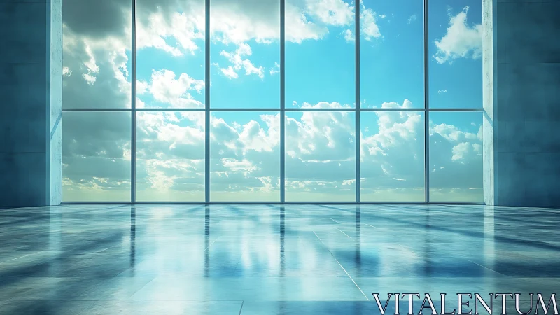 Sky-soaked glass atrium where clouds wander across silence.