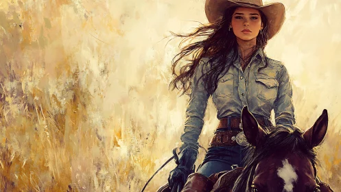 Cowgirl rides chestnut horse through golden abstract prairie.