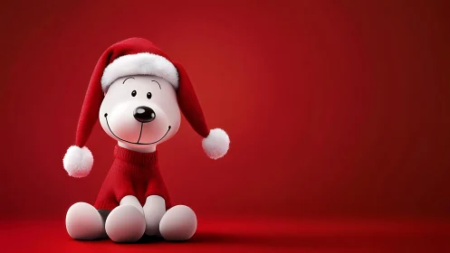Cute cartoon dog in Santa outfit on red background.