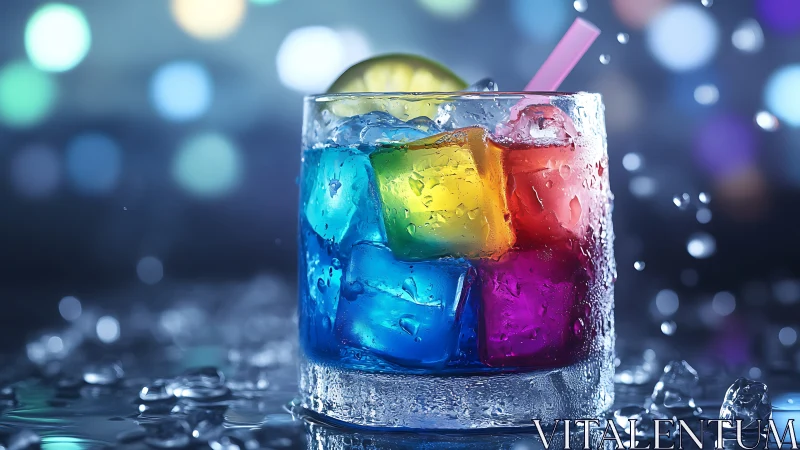 Vibrant Rainbow Cocktail with Illuminated Bokeh.