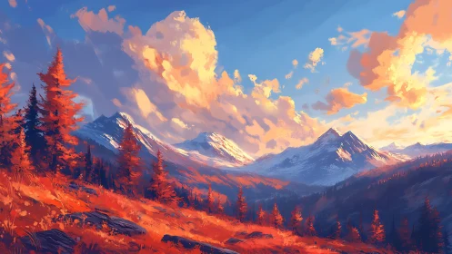 Sunlit alpine peaks rise above fiery autumn valley panorama.