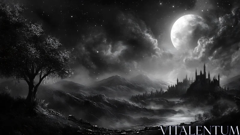 Monochrome moonlit citadel across misted valley panorama.