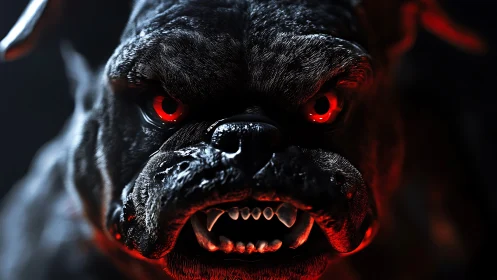 Demonic bulldog close-up with glowing red eyes and fangs.