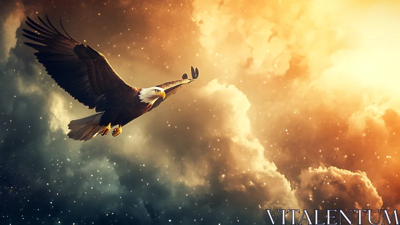 Majestic Bald Eagle Soaring Through Dramatic Sunlit Clouds.