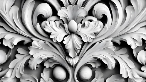 Ornate Baroque Floral Relief in Black and White Digital Art Style.