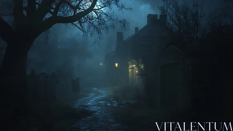 Foggy moonlit lane with old house and single lamp glow.
