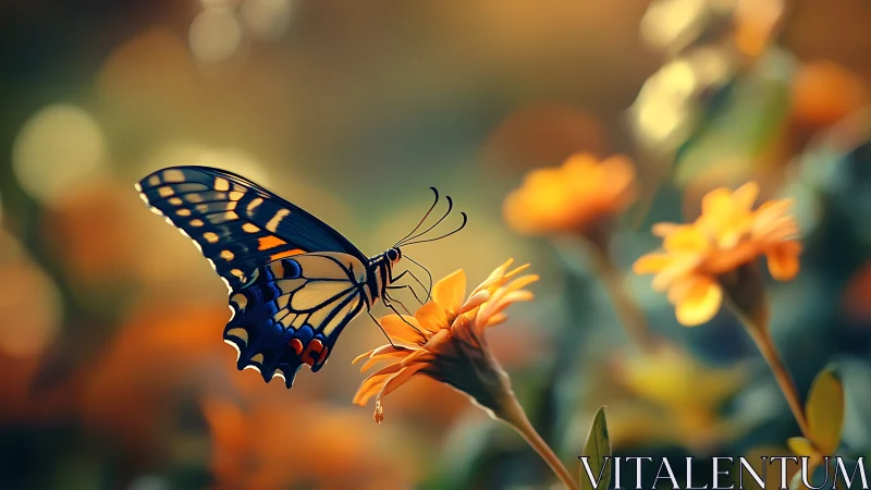 Butterfly rests on golden blossom in dreamy sunset garden